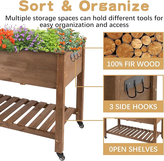 PetsCosset Raised Garden Bed with Wheels Elevated Wooden Planter Box with Bed Liner and Storage Shelf for Vegetables Herbs and Flowers - Brown