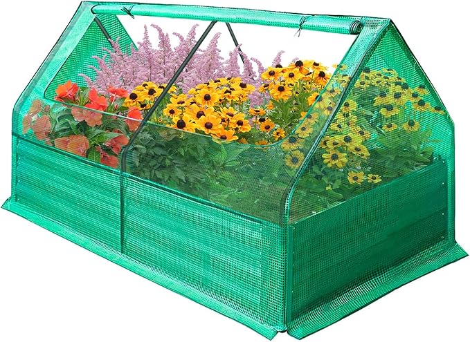 4 x 3 x 1 ft Garden Bed Galvanized Raised Covered Metal Planter Box Kit with 2 Large Screen Window Mini Greenhouse 20 T Labels Free 1 Pair Gloves for Growing Vegetables Outdoors (4 x 3 x 1 ft)