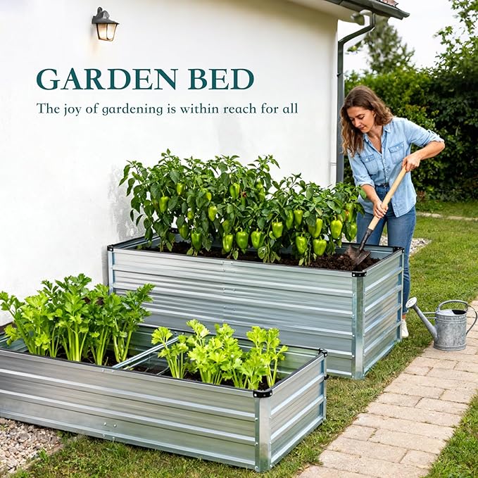 DUMOS Galvanized Raised Garden Bed Outdoor 2 Pcs 6x3x1ft Planter Box Outdoor for Deep-Rooted Herbs/Flowers/Vegetables Large Metal Garden Bed for Patio Balcony and Backyard Silver