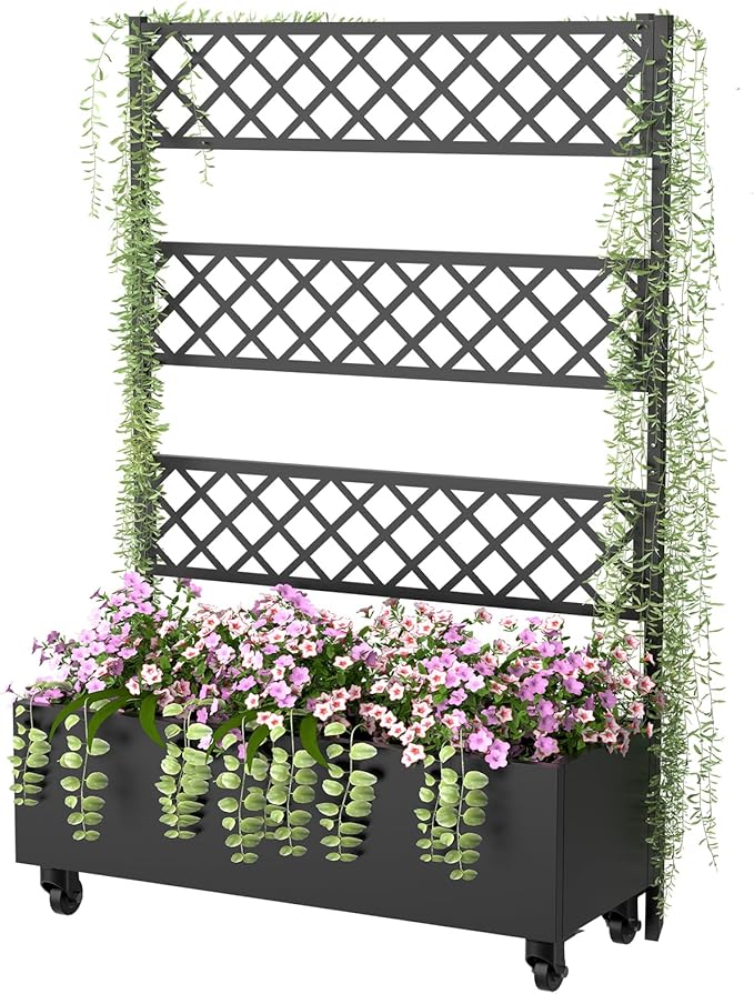Metal Planter Box with Trellis Privacy Screen 67x41x16 Raised Garden Bed with Trellis Privacy Planter Boxes with Planting Bag &amp Lockable Casters for Climbing PlantsVegetablesand Vines