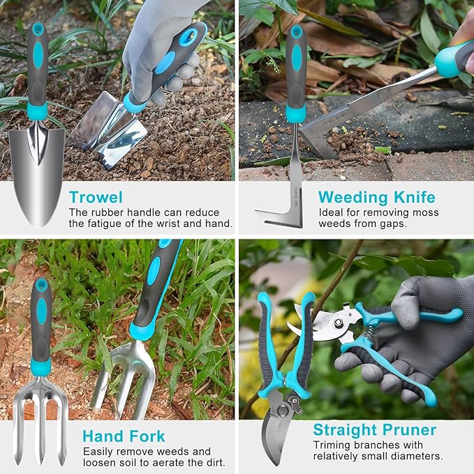 Gardening Tools Carsolt 10 Piece Heavy Duty Stainless Steel Garden Tools Set with Ergonomic Rubber Handle. Variety of Gardening Hand Tools with Gift Box Ideal Garden Gifts for Women