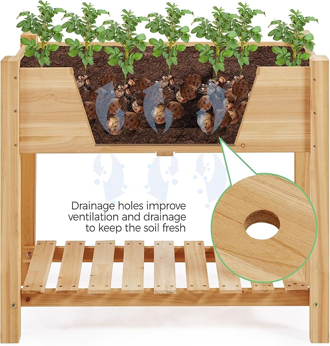 Yaheetech 34x18x30in Horticulture Raised Garden Bed 2pcs Planter Box with Legs &amp Storage Shelf Wooden Elevated Vegetable Growing Bed for Flowers Backyard Patio Balcony Light Brown