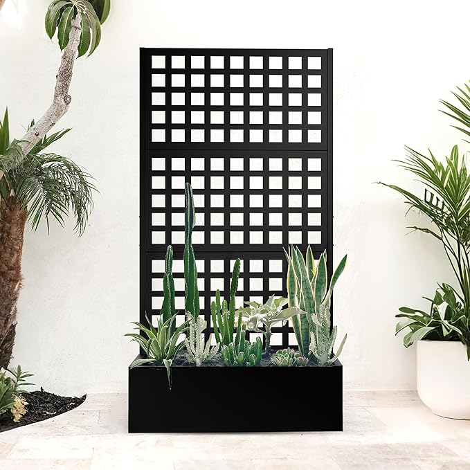 Metal Planter Box with Trellis Raised Garden Bed for Climbing PlantsPrivacy Screen with Garden BoxesDrainage Hole for Vegetables Flowers Vines (35 L×16 W×71 H Black)