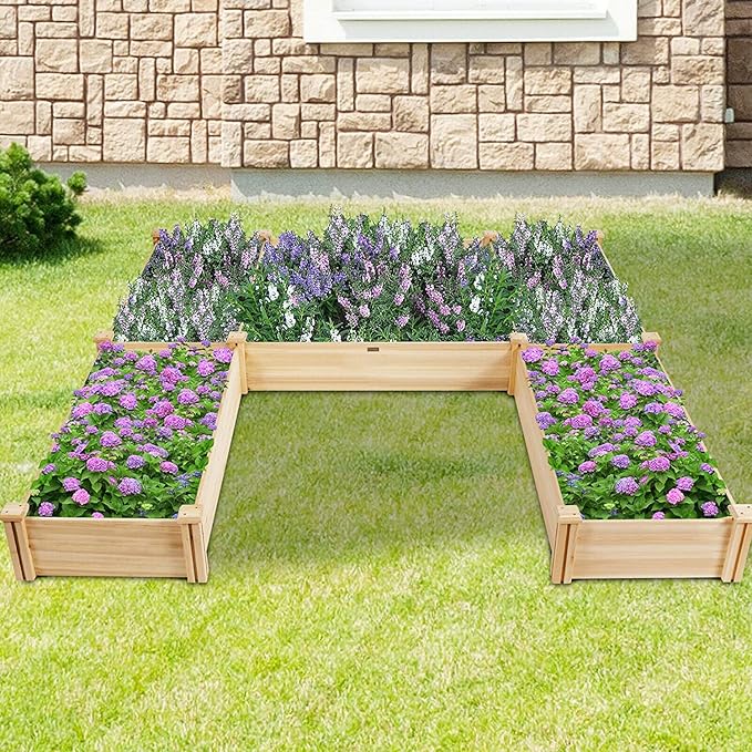 MEDIMALL U-Shaped Wooden Raised Garden Bed Divisible Raised Beds for Gardening Elevated Planter Box Outdoor for Vegetables Flowers &amp Herbs Ideal for Patio Lawn Backyard (92.5 L x 95 W x 11