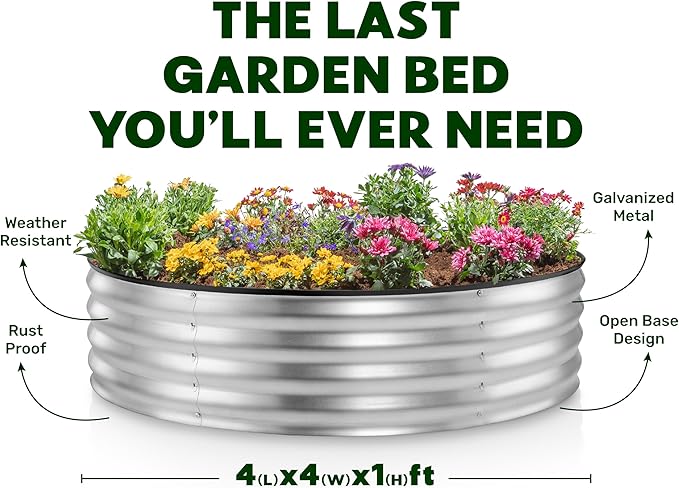 Round Galvanized Raised Garden Bed // 4×4×1 ft (2-Pack) Galvanized Raised Garden Beds Outdoor for Gardening Vegetables Flowers // Patented Tool-Free Design Round Planter (Silver)