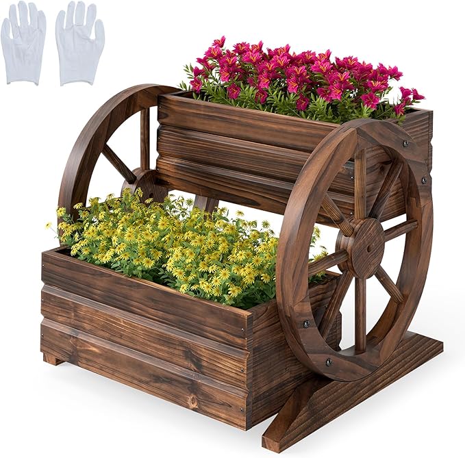 HAPPYGRILL Wood Wagon Planter Box 2-Tier Rustic Raised Garden Bed w/Wheels Drainage Holes for Vegetables Flowers Indoor Outdoor Decorative Planter Container Flower Cart for Patio Balcony (1)