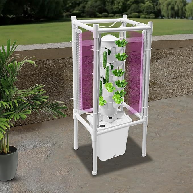 Hydroponics Growing System with LED Grow Lights | 30-Plant Hydroponic Tower | Indoor Vertical Garden Planter | Hydroponic Germination Kit for Fruits Vegetables Herbs - Gray