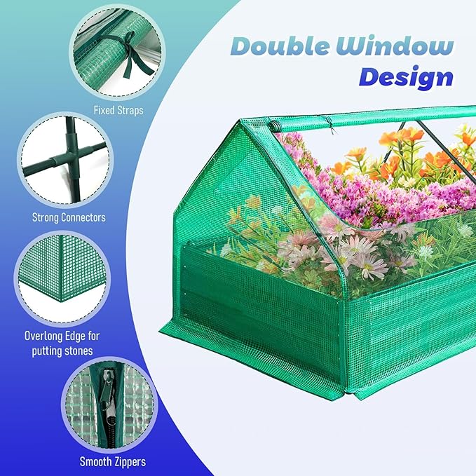 Galvanized Steel Raised Garden Bed with Mini Greenhouse Outdoor Metal Planter Box Kit with Large Roll-up Cover 73x 38x 36 Planter Raised Bed for Flower Vegetable Fruit (Green)