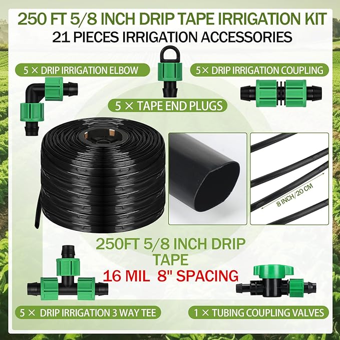 250 ft 5/8 Inch Drip Tape Irrigation Kit Drip Tape 16 Mil 8 Spacing Hose Garden Watering Tubing System Automatic Irrigation Equipment for Plant Landscape Yard Lawn and Farm