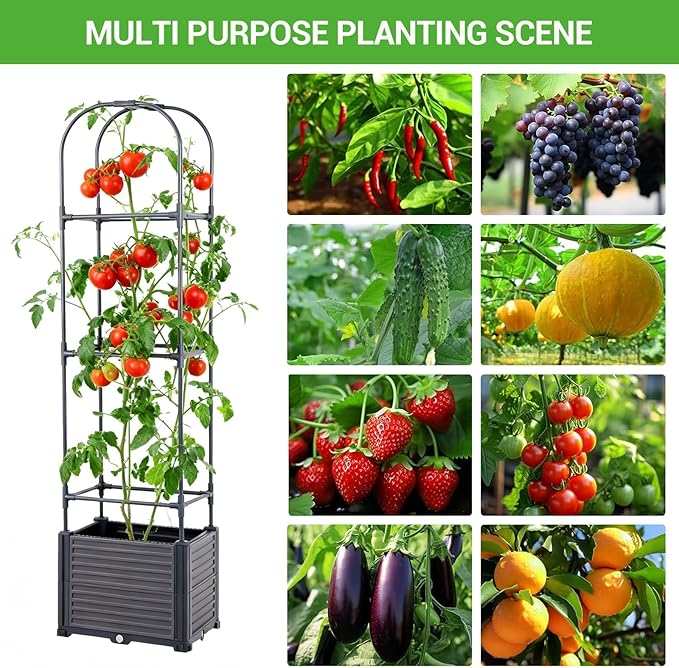 Set of 2 Raised Bed with Trellis Flower Box with Trellis for Climbing Plants Garden Bed Trellis Made of Metal and PP Garden Trellis with Self-Watering Planter Box Garden Balcony 40 x 40 x 150 cm