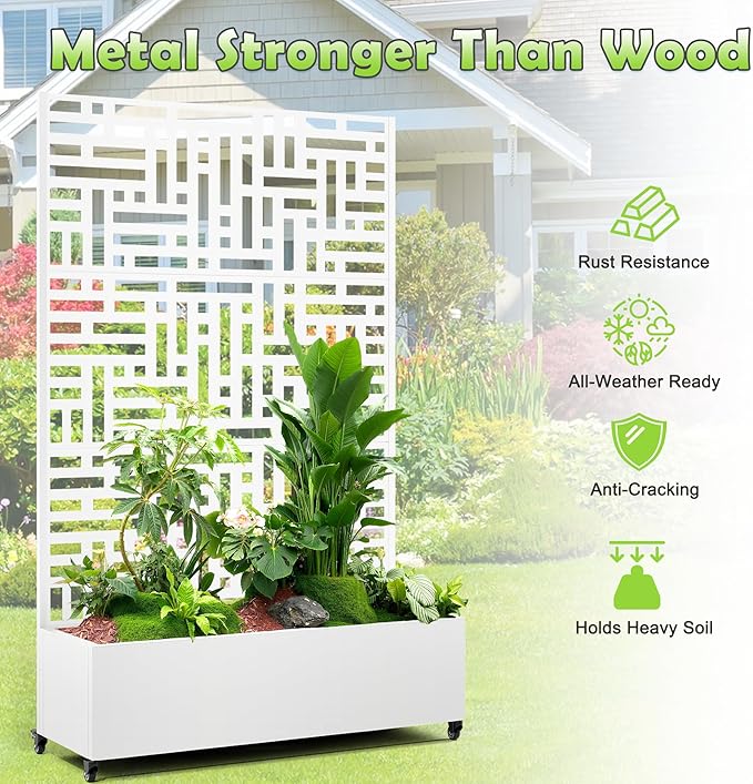 15.7×70.9×47.2 Metal Raised Garden Bed with Trellis and Wheels - Tall Trellis Planter Box for Climbing Plants Vegetables &amp Vines - Outdoor Privacy Planters for Patio (White-Helen)
