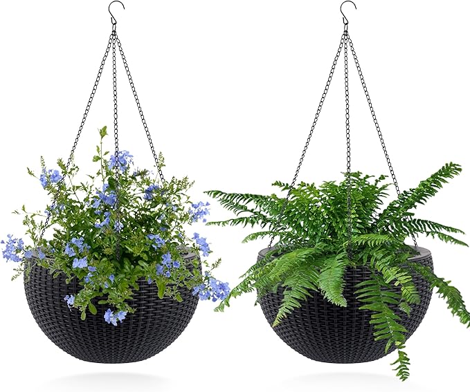 13.4 inch Self Watering Hanging Rattan Planter Large Capacity Root Rot Resistant Water Storage with Water Level Indicator Dual Use for Indoor Balcony Decoration (Pack of 2 Black)