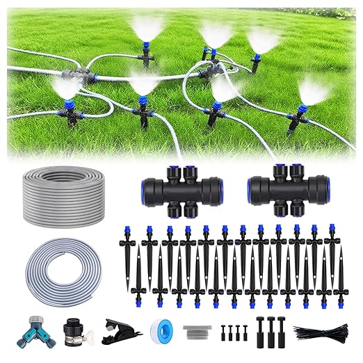 115FT Drip Irrigation Kit24pcs 1/4 inch Tandem atomizing NozzleQuick-Connect Automatic Drip Irrigation SystemSuitable for Watering Plants in Flowerpot Elevated Bed.