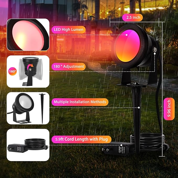 Spotlight Outdoor Control with Smart APP 2 Pack 15W RGBW Landscape Lighting Dimmable Color Changing IP67 Waterproof Spot Light Warm Flood Light for House Pathway Garden Yard Tree
