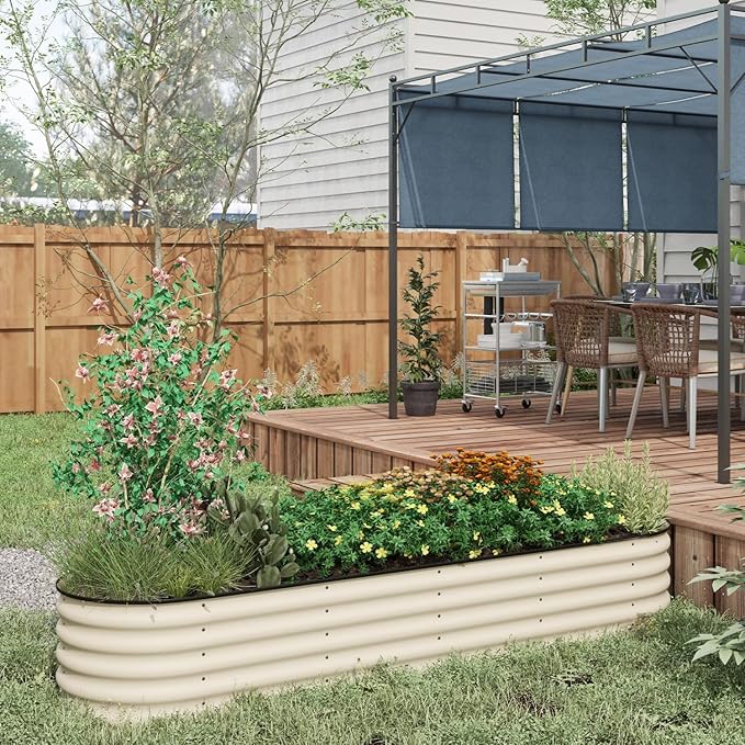 Galvanized Metal Raised Garden Bed 7.9' X 2' X 1.4' Outdoor Elevated Planter Box for Flowers Herbs &amp Vegetables Cream