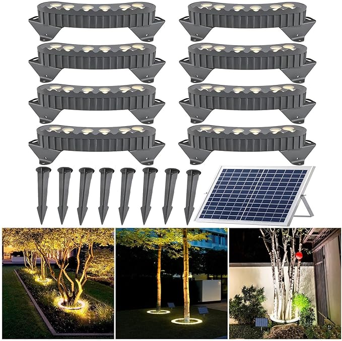 LED Solar Ground Lights Outdoor Ring Tree Ligh Yard Lighting Uplight Landscape Spotlights Made to Last(Red LightPack of 8)
