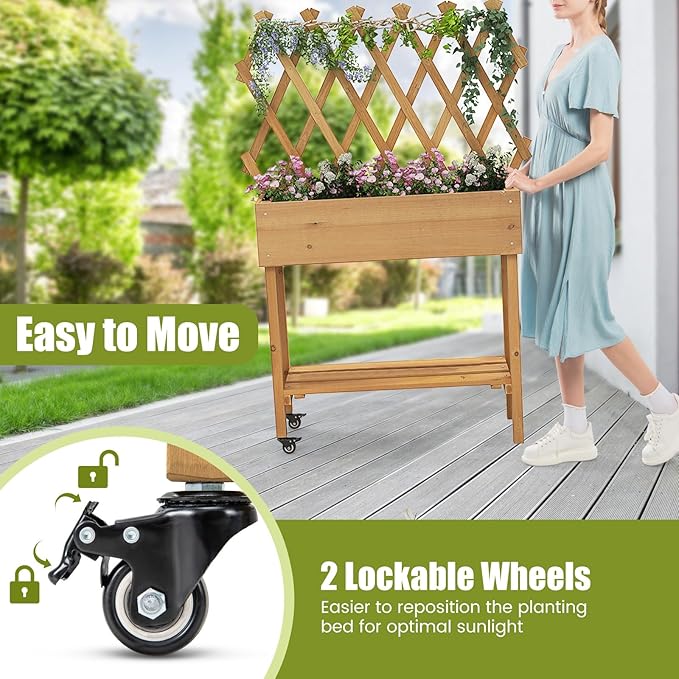 Raised Garden Bed with Trellis Fir Wood Elevated Planter Bed with Legs 2 Lockable Wheels &amp Storage Shelf Wooden Planter Box Raised Bed for Gardening Backyard Balcony &amp Greenhouse