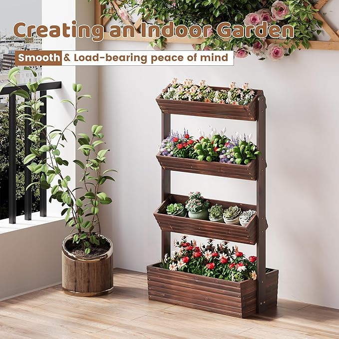 FILWH Wooden Raised Garden Bed Vertical Planter Box Freestanding Plant Stand for Indoor Outdoor Plants Herbs Flowers Vegetables Gardening (Carbonized 4-Tier29.9 x 17.9 x 55in)