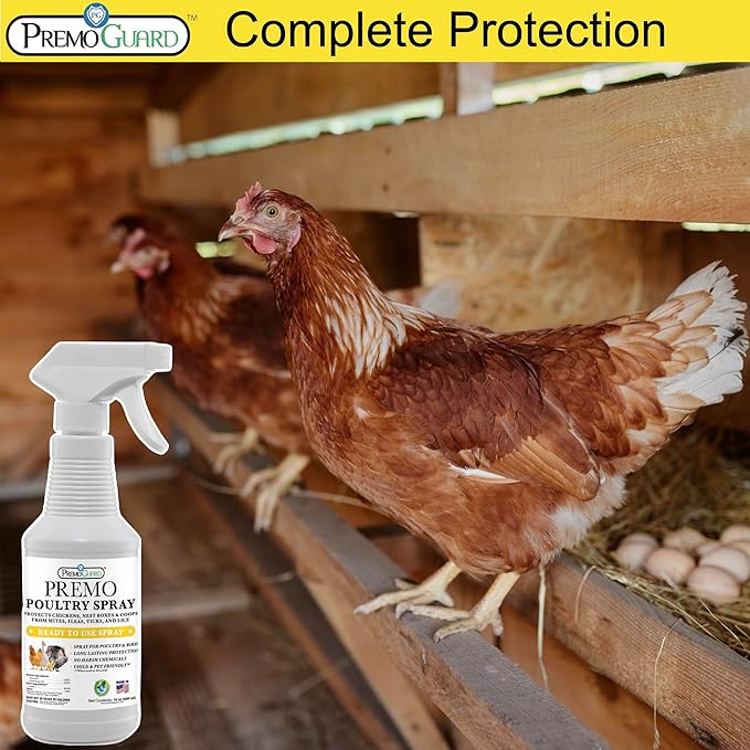 Premo Guard Poultry Spray - 16 oz - Kill Scaly Leg Mites Fleas Lice &amp Other Pest on Chickens and in Coops - Natural Plant Based Oils for Control &amp Prevention - Family Safe with No Egg Wit