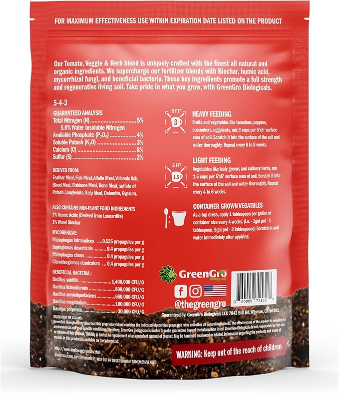 GreenGro Veggie Herb &amp Tomato Fertilizer - Outdoor &amp Indoor Plant Food for Edible Plants/Organic Fertilizer &amp Flower Food for Vegetable Garden/Improve Harvest with Vital Plant Nutrients