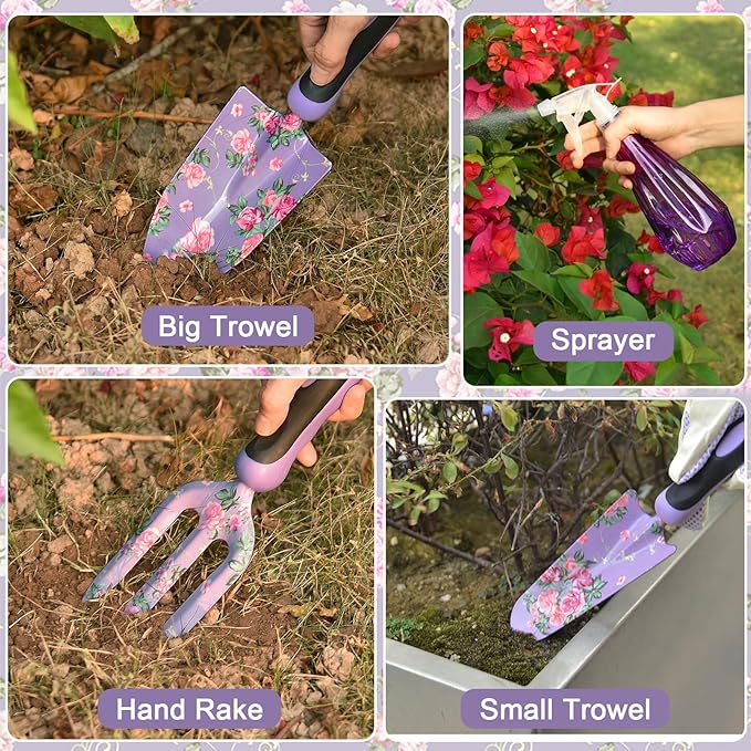 2 Garden Tool SetPurple 10 Piece Garden Tools Green 9 Piece Gardening Tools