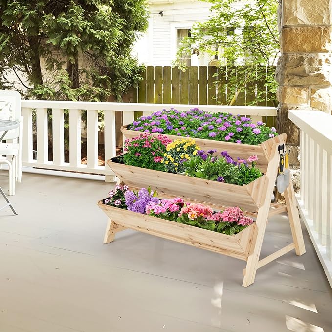 Giantex Raised Garden Bed Vertical Planter with Storage Shelf 3 Tier Elevated Planter Box with Side Hooks Indoor Outdoor Wood Garden Bed for Balcony Garden Lawn (Natural)