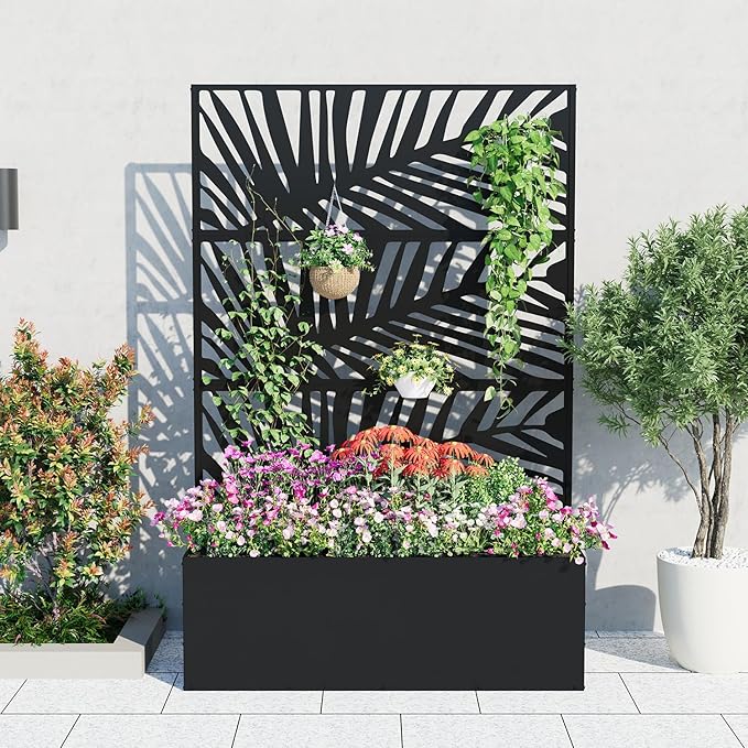 Metal Planter Box with Trellis 47X16X71 Raised Garden Bed Without Wheels Galvanized Metal Privacy Screen for Climbing Plants Vegetables Vines Patio Planters with Drainage Holes 16 Deep Bed