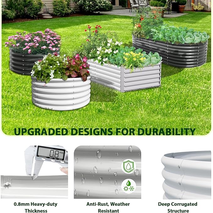 A ANLEOLIFE 6X2X1.5 ft Galvanized Raised Garden Beds Outdoor Oval Round Metal Planter Box for Planting Vegetables Flowers Herb Anti-Rust &amp Easy-Setup Antique White