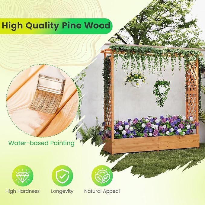 Giantex Set of 2 Raised Garden Bed with Trellis &amp Hanging Roof Wood Planter Box with Bottom and Drainage Holes Freestanding Garden Planter for Flower Vegetable Fruit Herb Climbing Vines 77x17