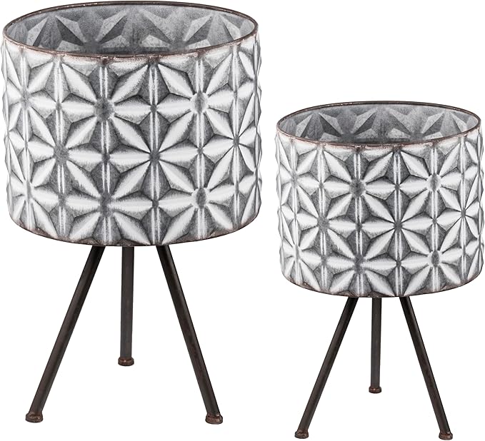 Set of 2 Metal Planter StandRound Galvanized Grey Farmhouse Planter