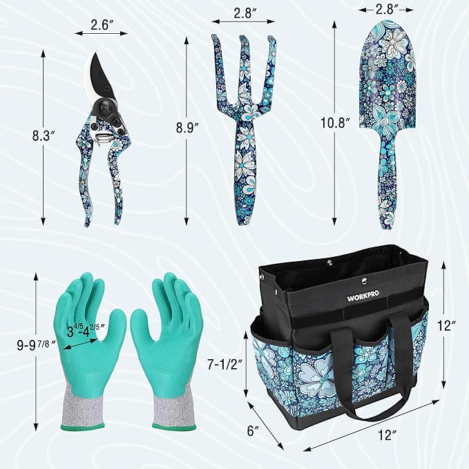 WORKPRO 5PCS Garden Tool Set Aluminum Heavy Duty Gardening Tool Set with Garden Tool Bag Outdoor Garden Hand Tools Floral Blue