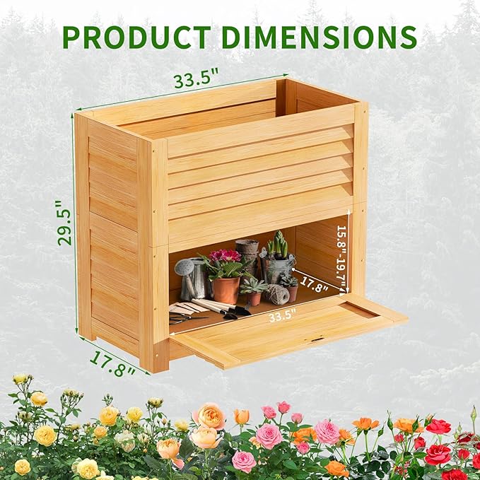 DoCred Wooden Raised Bed Garden with Storage Box 34 x 18 x 30 Elevated Large Planter Box for Herbs Vegetables Flowers Backyard Patio Gardening Balcony