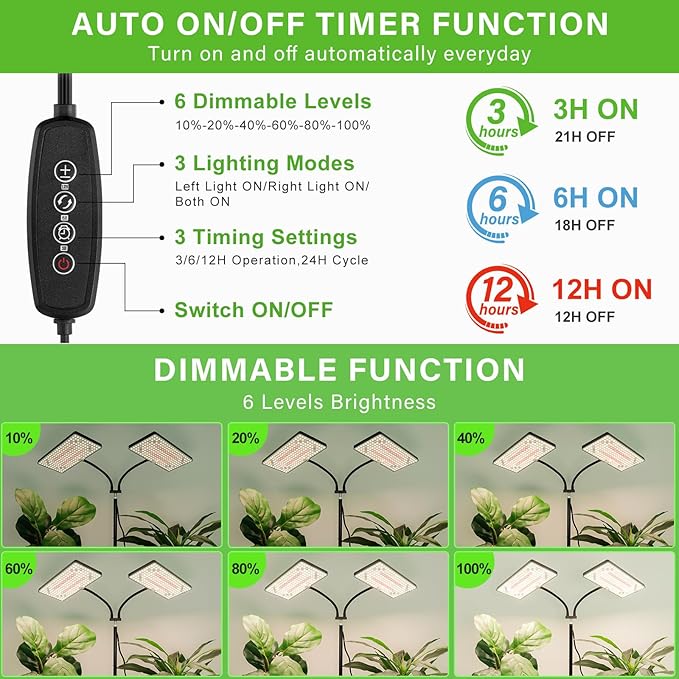 LBW Latest Grow Light for Indoor Plants 428 LED Dual-Head Full Spectrum Standing Plant Light Floor Grow Lamp with 3/6/12H Timer 6 Brightness Levels 3 Switch Modes 75 Adjustable Tripod Stand