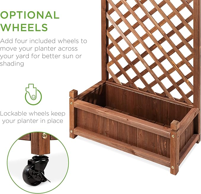Best Choice Products Set of 2 48in Wood Planter Box &amp Diamond Lattice Trellis Mobile Outdoor Raised Garden Bed for Climbing Plants w/Drainage Holes Optional Wheels - Walnut