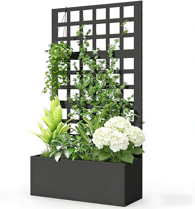 Galvanized Steel Raised Garden Bed with Trellis - Heavy-Duty Metal Planter Box for Vegetables &amp Climbing Plants Weather-Resistant Outdoor Vertical Garden Kit (Black)
