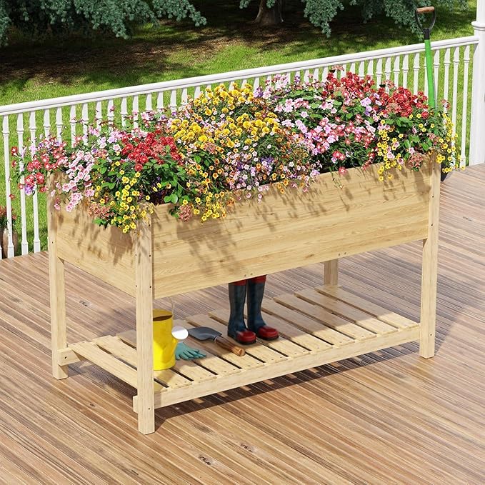 Kullavik Raised Garden Bed with LegsOutdoor Elevated Cedar Wood Planter Box with Storage Shelf220lb Capacity-Natural