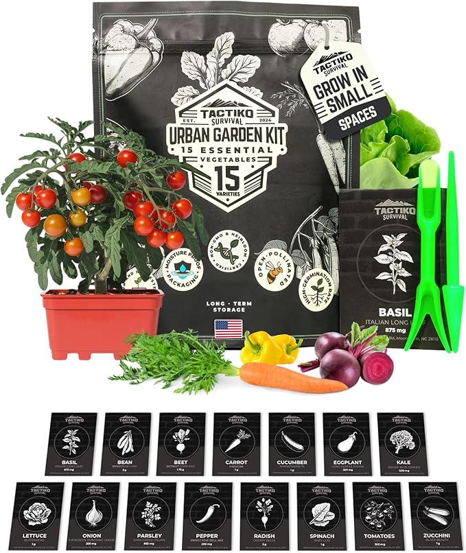 Tactiko Survival 15 Vegetable Seed Kit Varieties for Small Urban Garden Balconies &amp Patios - Non-GMO Heirloom - Popular USA-Grown Dwarf Seeds for Planting Vegetables - Indoor Outdoor
