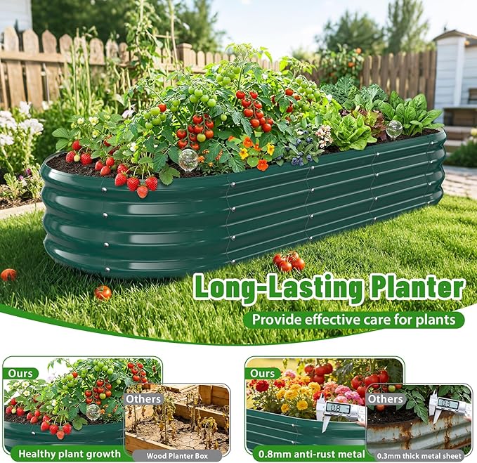 Oval Raised Garden Bed 5 x 2 x 1FT Galvanized Steel Planter Box with Wave-Shaped Metal Panels Painted for Outdoor FlowerTreeHerb &amp Vegetable Garden (Green 60X24X12 inches)
