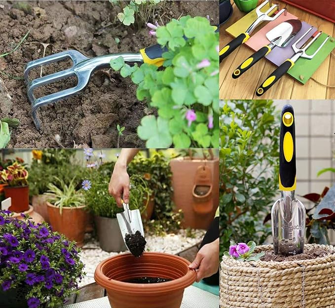 Garden Tool Set 3 Pcs Gardening Tools Including Garden Trowel Transplant Trowel and Hand Cultivator Aluminum Alloy Gardening Supplies with Handle for Gardening Digging Transplanting Yellow