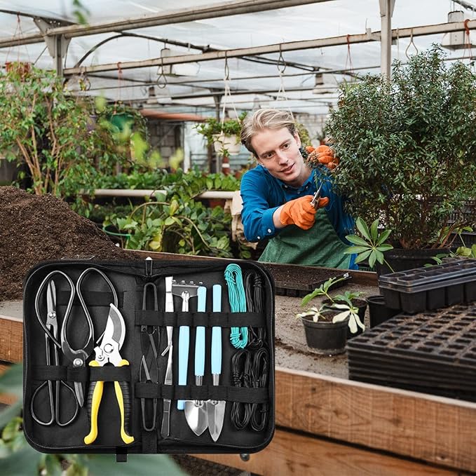 15Pcs Garden Tools Set Succulent Gardening Trimming Kits High Steel Bonsai Tools Set Includes Gardening Bag Hand Rake Shovels Scissors Pruning Shears Wire Gardening Gifts