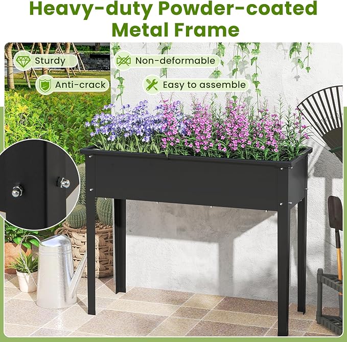 HAPPYGRILL Raised Garden Bed Metal Elevated Planter Box w/Legs Drainage Holes for Growing Vegetables Fruits Flowers Indoor Outdoor Standing Plant Container for Backyard Patio (Black 40”x16”x32”)