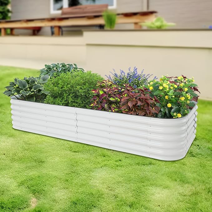 Galvanized Raised Garden Bed Kit 17” Tall 2 * 9 FT Large Metal Planter Boxes Outdoor Easy Assembly Lightweight Oval Garden Plant Modular for Vegetables Fruits Flowers Light Grey