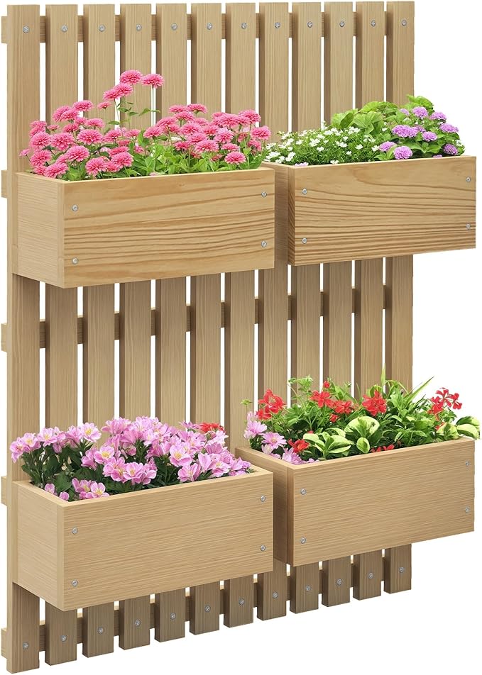 Outsunny 4 Box Raised Garden Bed with Trellis for Vine Flowers &amp Climbing Plants 31.5 Tall Wall-Mounted Wood Planter Box Set with Adjustable Height Drainage Hole Natural