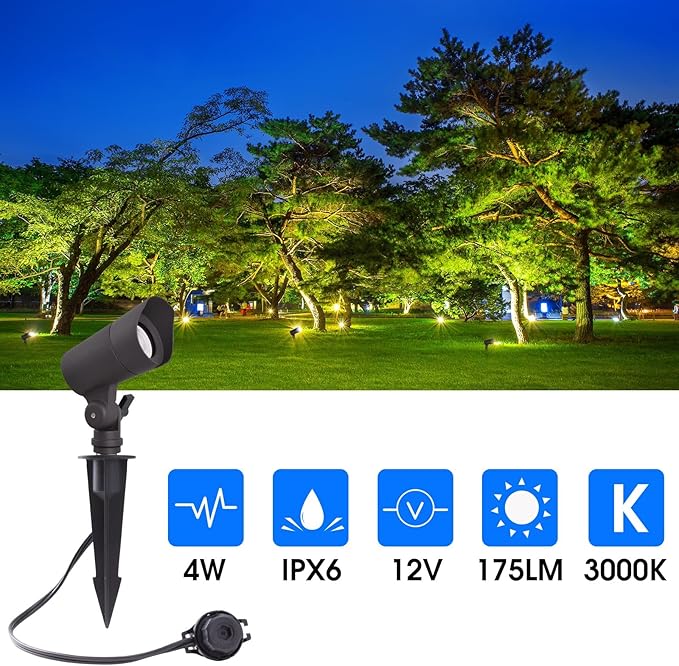 E ENERGETIC LIGHTING LED Landscape Lights with Connectors 12V Low Voltage Warm White 3000k 4W 175LM Outdoor Waterproof Garden Pathway Lights Wall Tree Flag Spotlights with Spike Stand 10 Pack