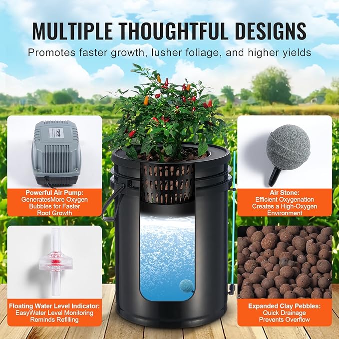 VEVOR DWC Hydroponics Grow System Hydroponic Growing System with Top Drip Kit Deep Water Culture 5-Gallon 4 Buckets with Air Pump Air Stones and Water Level Device for Leafy Vegetables