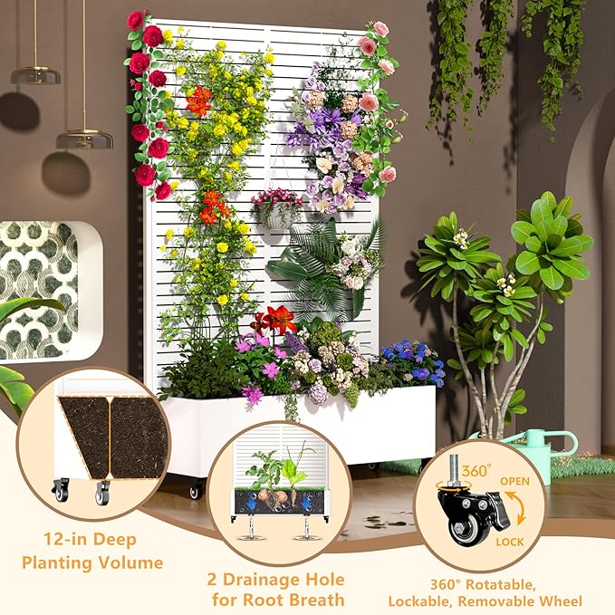 Metal Planter Box with Trellis 72.1x47.2x16 Outdoor Galvanized Raised Garden Bed with Privacy Screen &amp Drainage Holes &amp Lockable Casters for Climbing Plants Vegetable (White-Louvered)