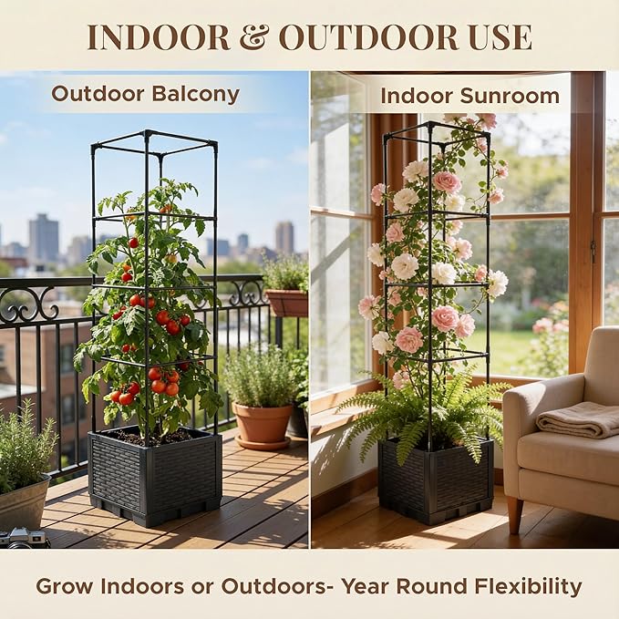 2 Pack Tomato Planter with Trellis 43 Inch Self Watering Planter Box with Trellis Vertical Raised Garden Bed Planter for Climbing Vegetables Indoor Outdoor Patio