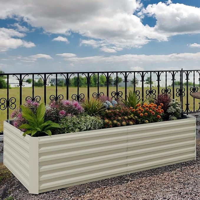 2PCS Square Raised Garden Bed 6×3×2FT Color Steel Plate Outdoor Planter Box (Beige)