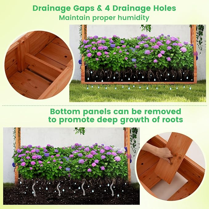 Giantex Raised Garden Bed with Trellis &amp Hanging Roof Wood Planter Box with Bottom and Drainage Holes Freestanding Garden Planter for Flower Vegetable Fruit Herb Climbing Vines 77x17x72