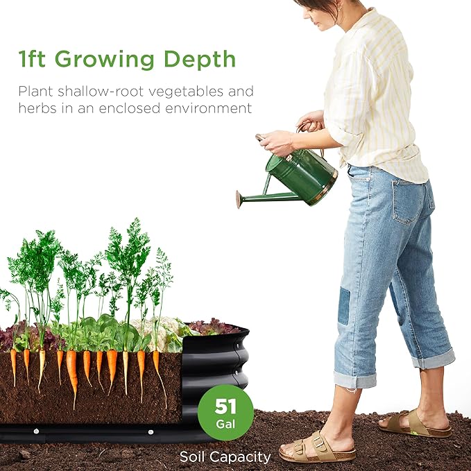 Best Choice Products 4x2x1ft Outdoor Metal Raised Garden Bed Oval Deep Root Planter Box for Vegetables Flowers Herbs and Succulents w/ 51 Gallon Capacity Rubber Edge Guard - Black
